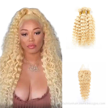 Factory price wholesale 100% Virgin Human Hair 3 Bundles With 4*4 Lace Closure 613 Kinky Curly human hair Bundles With Closure
